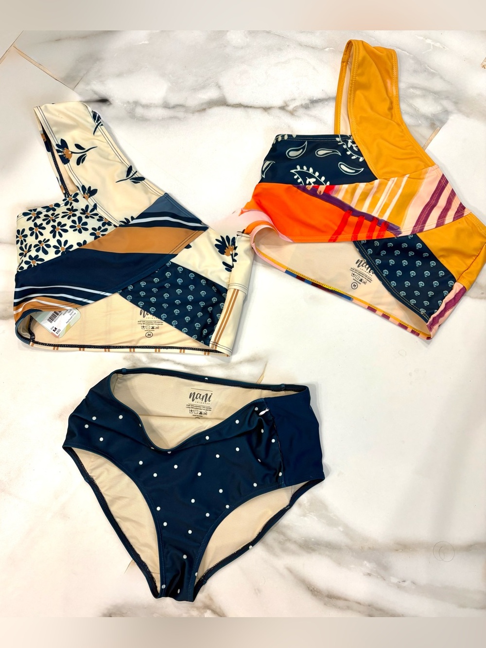 Nani Colorblock One-Shoulder Swim Top and High-Waist Bottom Set - Navy & Multi